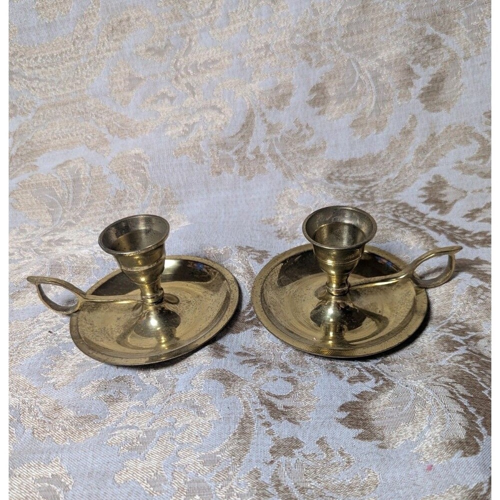 2 Vintage Brass Chamber Candle Stick Holder w/ Finger Loop Ring Drip Tray Tooled